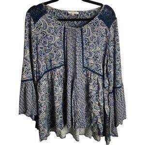Mystree Size Large Blouse Top Paisley Reto Hippie Fairy Lace Blue Long Sleeve